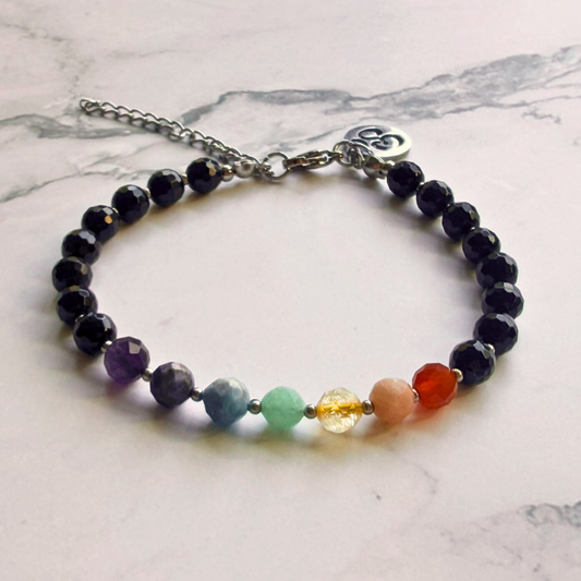 Chakra Bracelet – 7 Chakra Gemstone Jewelry for Balance & Symbolism, Onyx & Om Charm, Stainless Steel