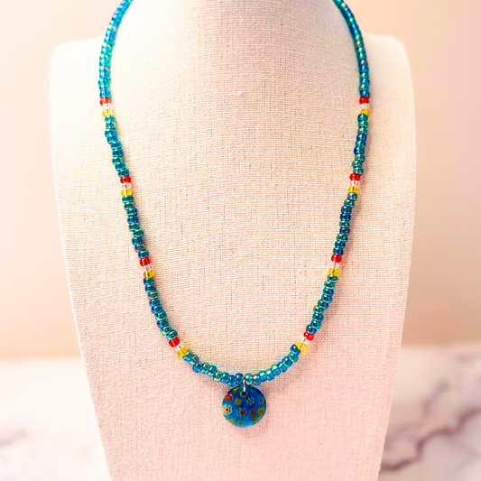 Seaside Daydream Millefiori Necklace – Teal Beaded Floral Glass Pendant