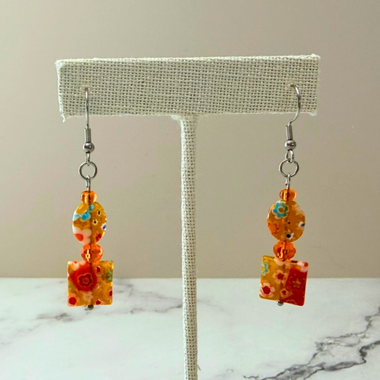 Millefiori Flower Earrings – Tiger Lily, Colorful Glass Jewelry in Orange Floral Design, Stainless Steel