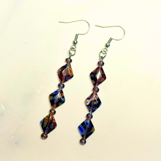 Cosmic Garden Earrings – Purple Millefiori & Amethyst Statement Dangles