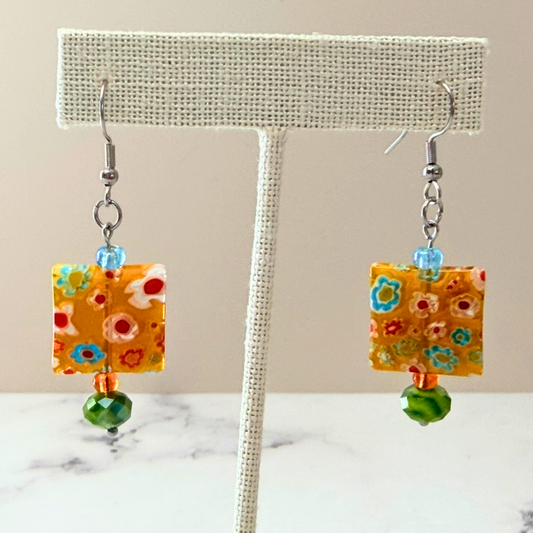 Millefiori Flower Earrings – Sunshine Garden, Colorful Glass Jewelry in Bright Yellow Tones, Stainless Steel