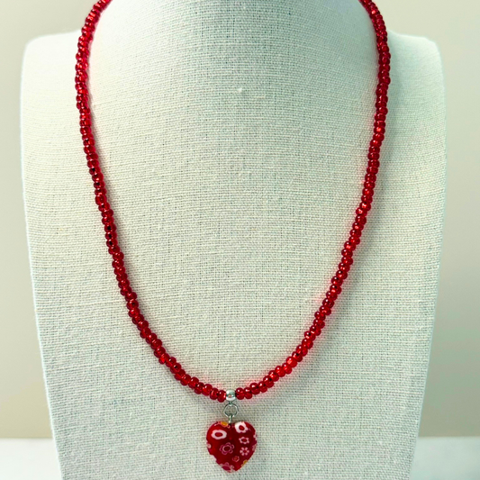 Heartfire Millefiori Heart Necklace – Red Beaded Floral Glass Pendant
