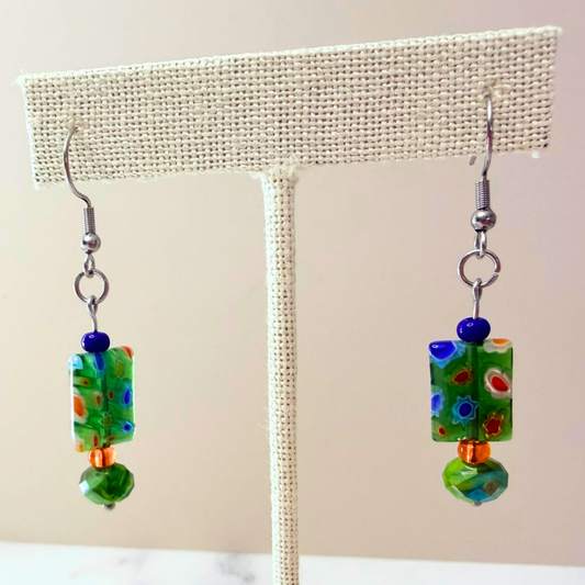 Millefiori Flower Earrings – Hidden Garden, Colorful Glass Jewelry in Bloom, Stainless Steel