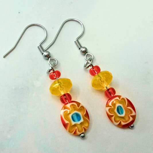Sunshine Blossom Millefiori Earrings – Red & Yellow Floral Glass