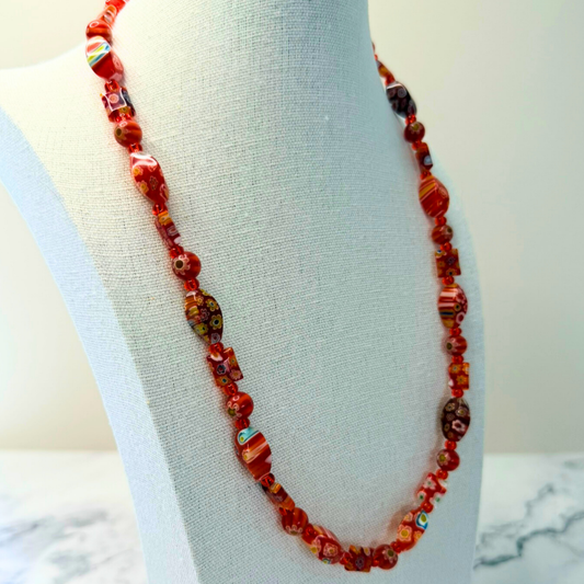 Millefiori Flower Necklace – Poppy, Colorful Glass Jewelry in Bold Red Floral Design, Stainless Steel