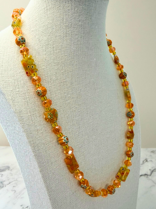 Millefiori Flower Necklace – Sunshine, Colorful Glass Jewelry in Orange Yellow Floral Design, Stainless Steel