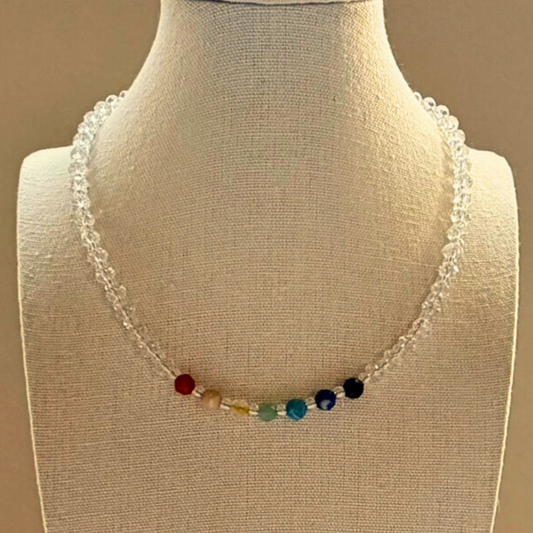 Chakra Choker Necklace – Minimalist 7 Chakra Gemstone Jewelry for Balance & Clarity, Clear Quartz, Stainless Steel