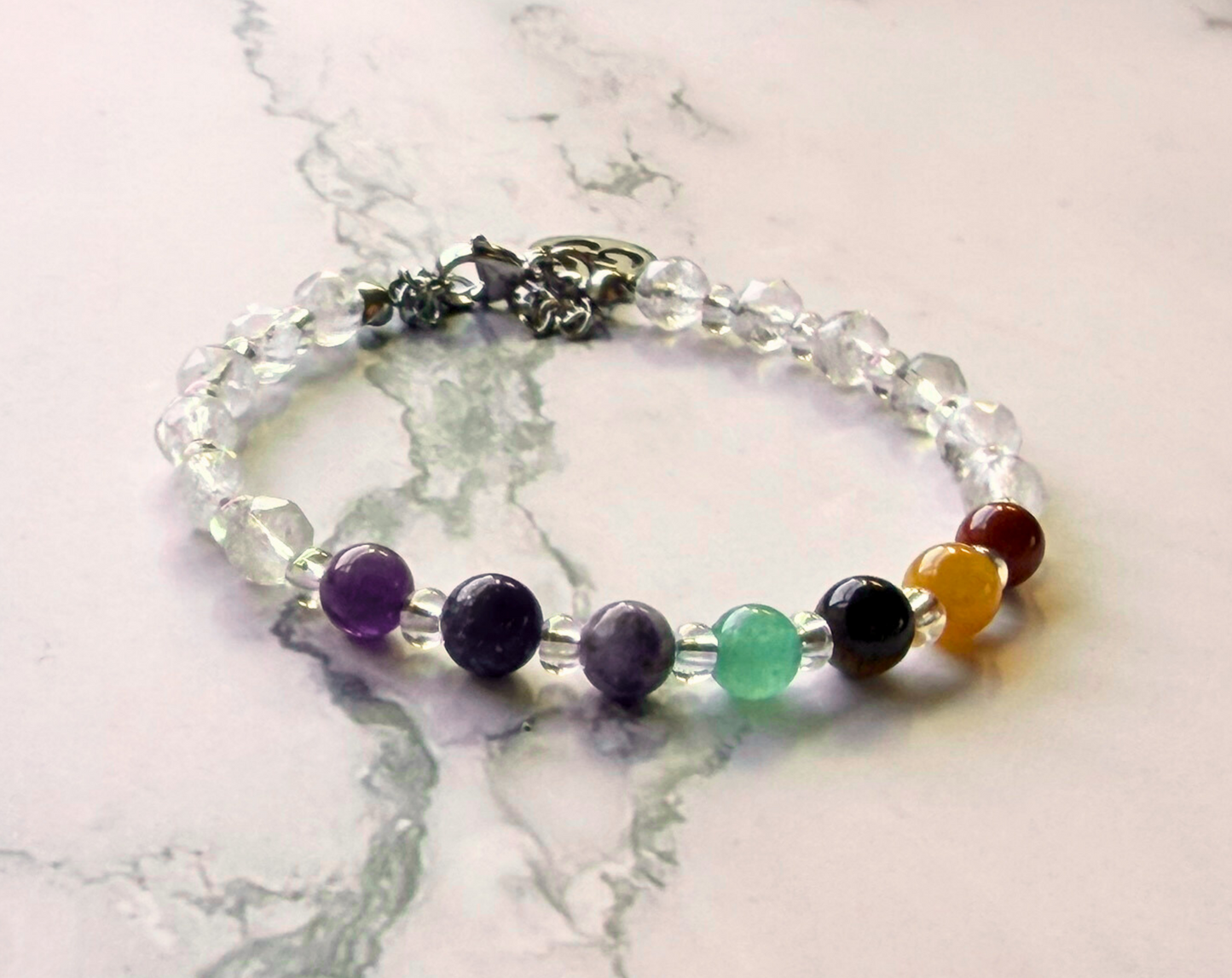 Chakra Bracelet – 7 Chakra Gemstone Jewelry for Balance & Clarity, Clear Quartz & Om Charm, Stainless Steel