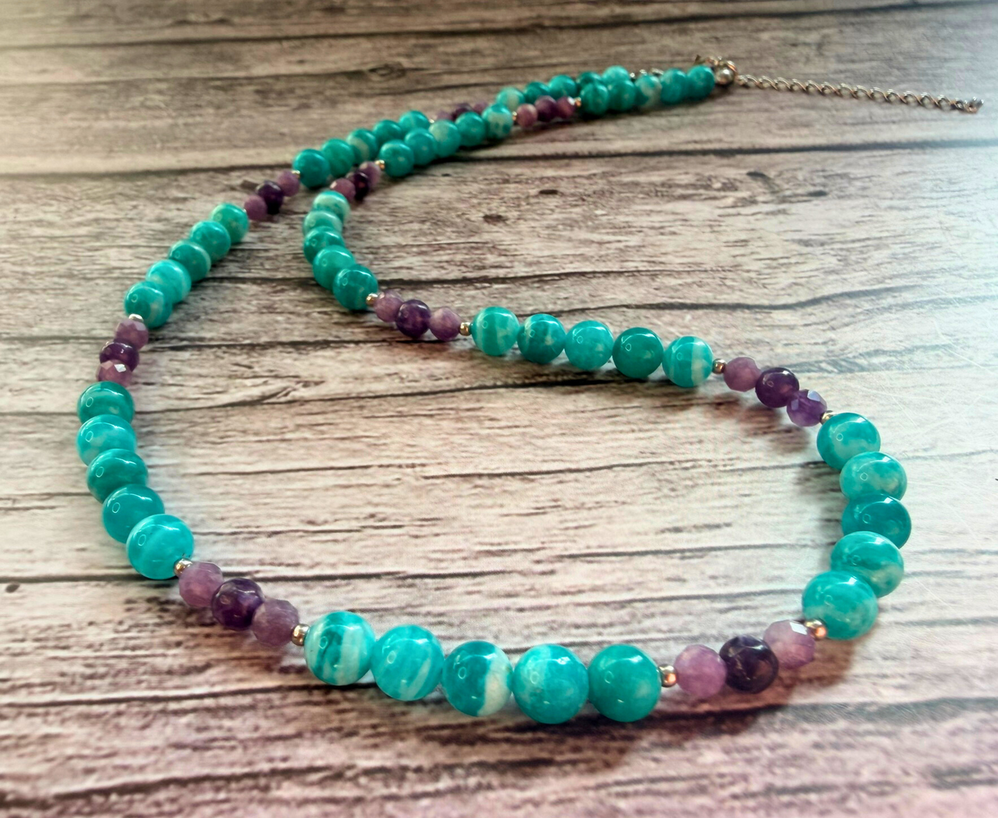 AAA Amazonite & Lepidolite Gemstone Necklace – Teal & Lavender Boho Chic Jewelry