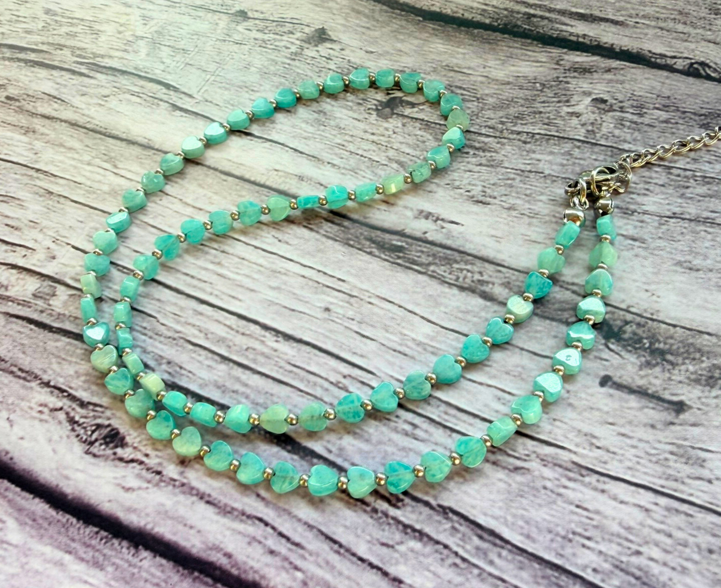 Amazonite Heart Necklace – Minimalist Blue Green Gemstone Jewelry, Stainless Steel