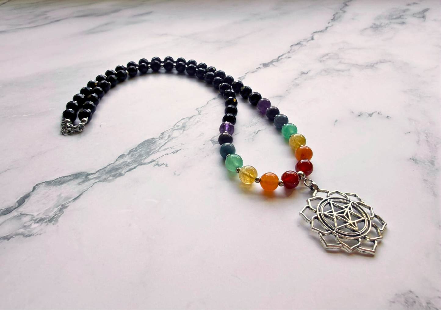Chakra Statement Necklace – 7 Chakra Gemstone Jewelry for Balance & Symbolism, Onyx & Merkaba Pendant, Stainless Steel
