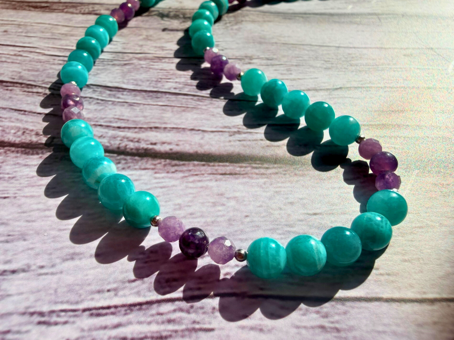 AAA Amazonite & Lepidolite Gemstone Necklace – Teal & Lavender Boho Chic Jewelry