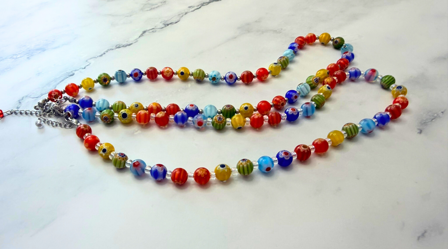 Millefiori Flower Necklace – Enchanted Garden, Rainbow Glass Jewelry for Everyday Wear, Stainless Steel