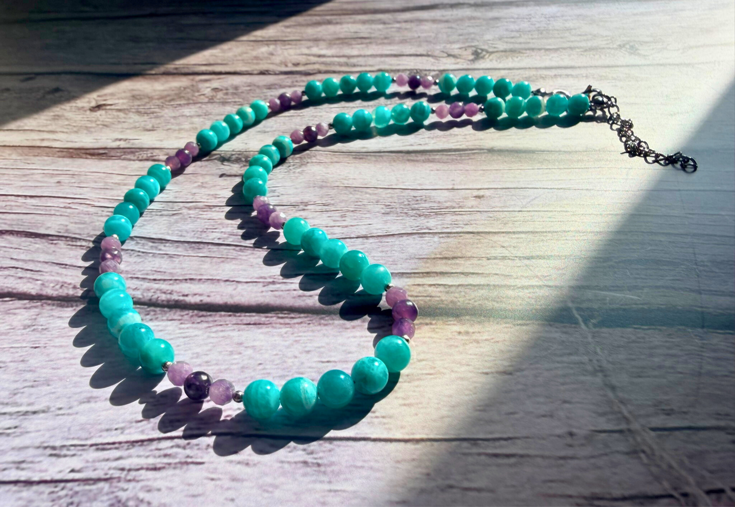 AAA Amazonite & Lepidolite Gemstone Necklace – Teal & Lavender Boho Chic Jewelry