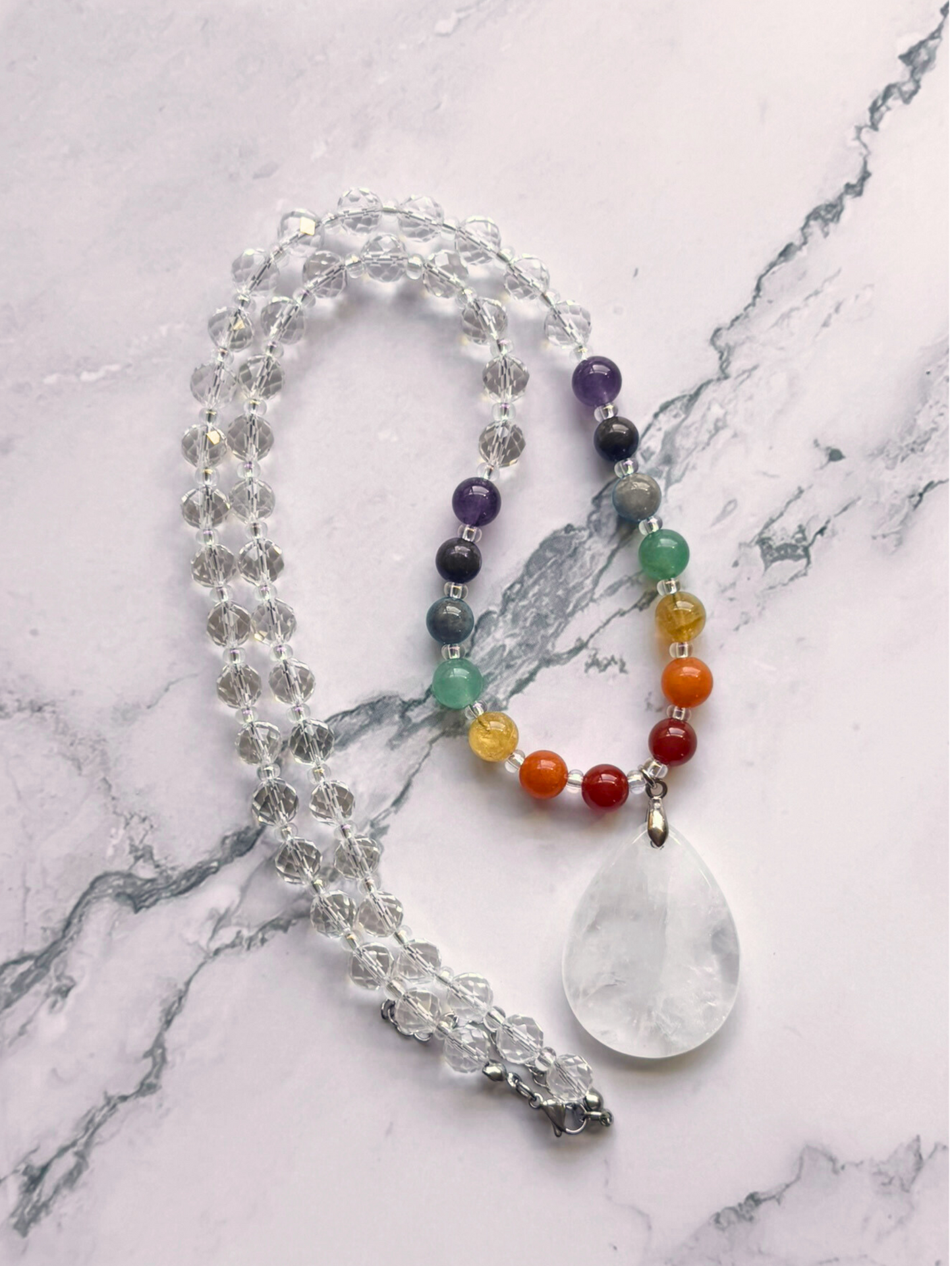 Chakra Statement Necklace – 7 Chakra Gemstone Jewelry for Balance & Clarity, Clear Quartz Pendant, Stainless Steel