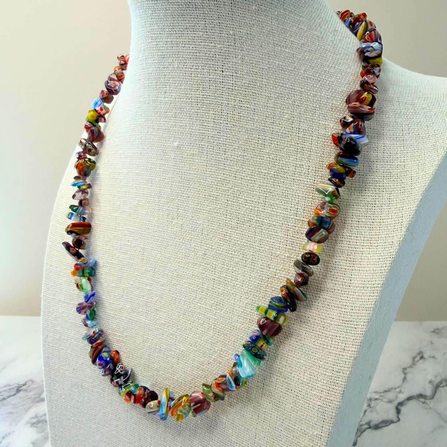 Millefiori Flower Necklace – Confetti, Rainbow Glass Jewelry in Multicolor Floral Design, Stainless Steel