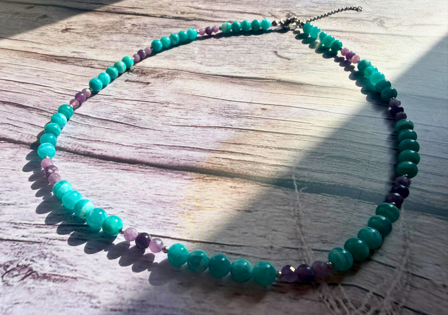 AAA Amazonite & Lepidolite Gemstone Necklace – Teal & Lavender Boho Chic Jewelry