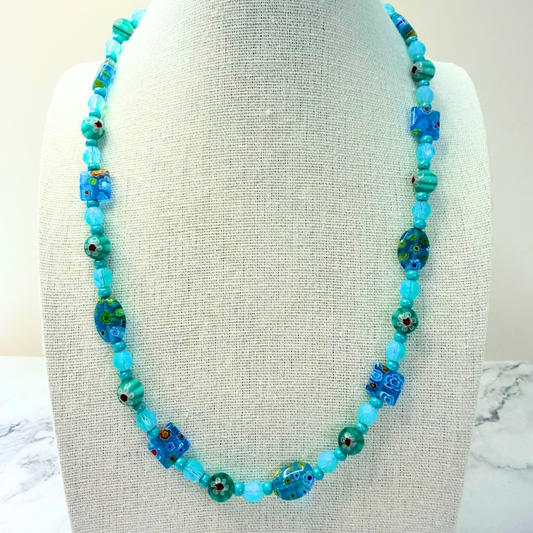 Millefiori Flower Necklace – Lagoon, Colorful Glass Jewelry in Aqua Blue Floral Design, Stainless Steel