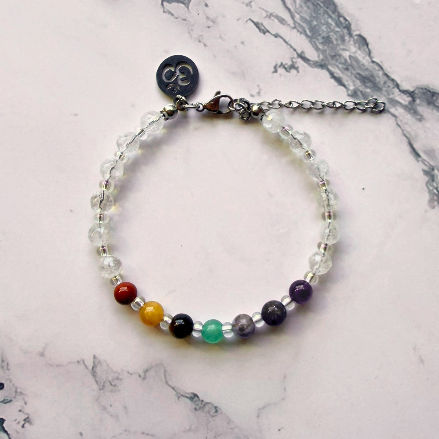 Chakra Bracelet – 7 Chakra Gemstone Jewelry for Balance & Clarity, Clear Quartz & Om Charm, Stainless Steel