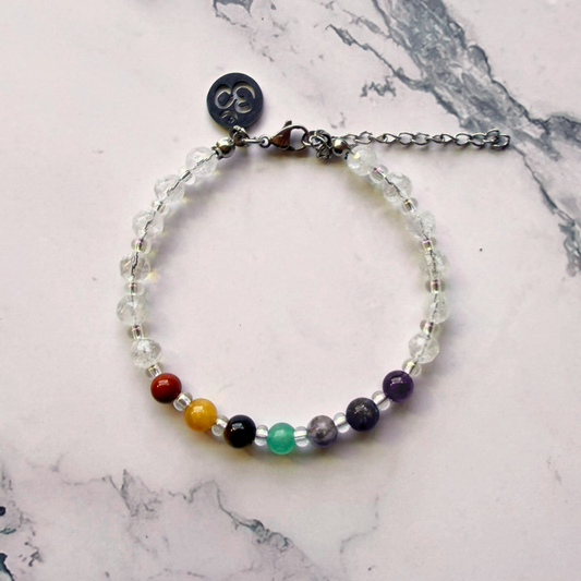 Chakra Bracelet – 7 Chakra Gemstone Jewelry for Balance & Clarity, Clear Quartz & Om Charm, Stainless Steel