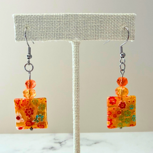 Millefiori Flower Earrings – Sunset Garden, Colorful Glass Jewelry in Warm Golden Tones, Stainless Steel