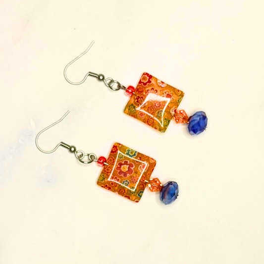 Sunrise Garden Millefiori Earrings – Orange & Blue Floral Glass Dangles