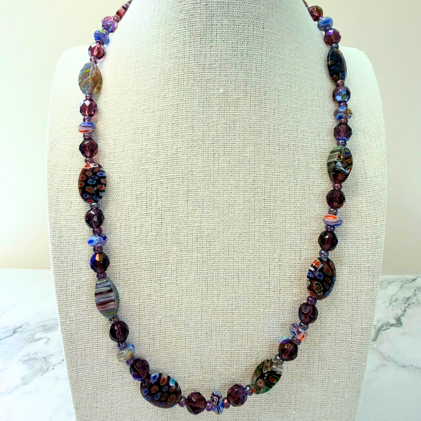 Millefiori Flower Necklace – Violet, Colorful Glass Jewelry in Purple Floral Design, Stainless Steel