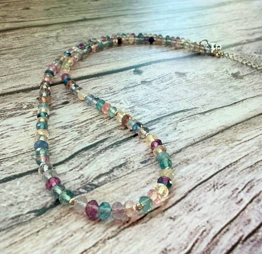 Faceted Fluorite Necklace – Minimalist Multicolor Gemstone Jewelry, Stainless Steel