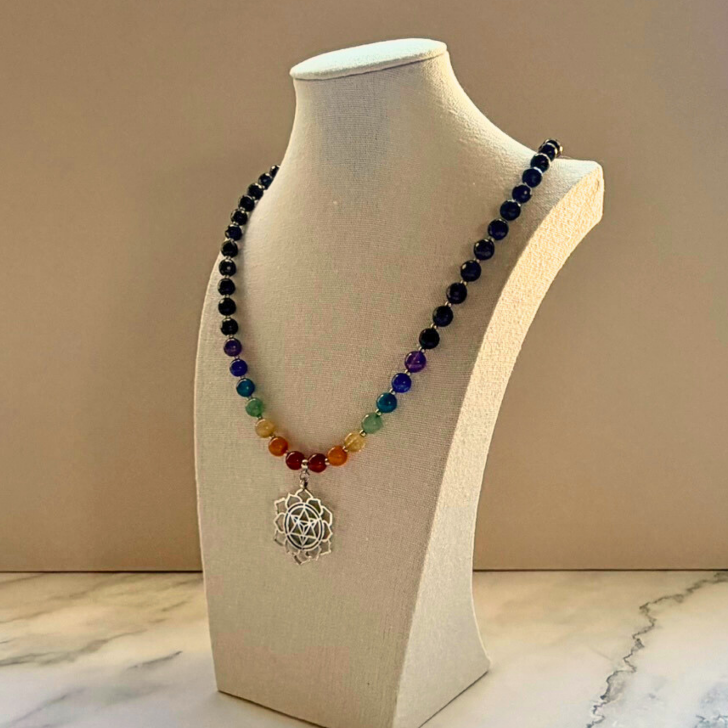 Chakra Statement Necklace – 7 Chakra Gemstone Jewelry for Balance & Symbolism, Onyx & Merkaba Pendant, Stainless Steel