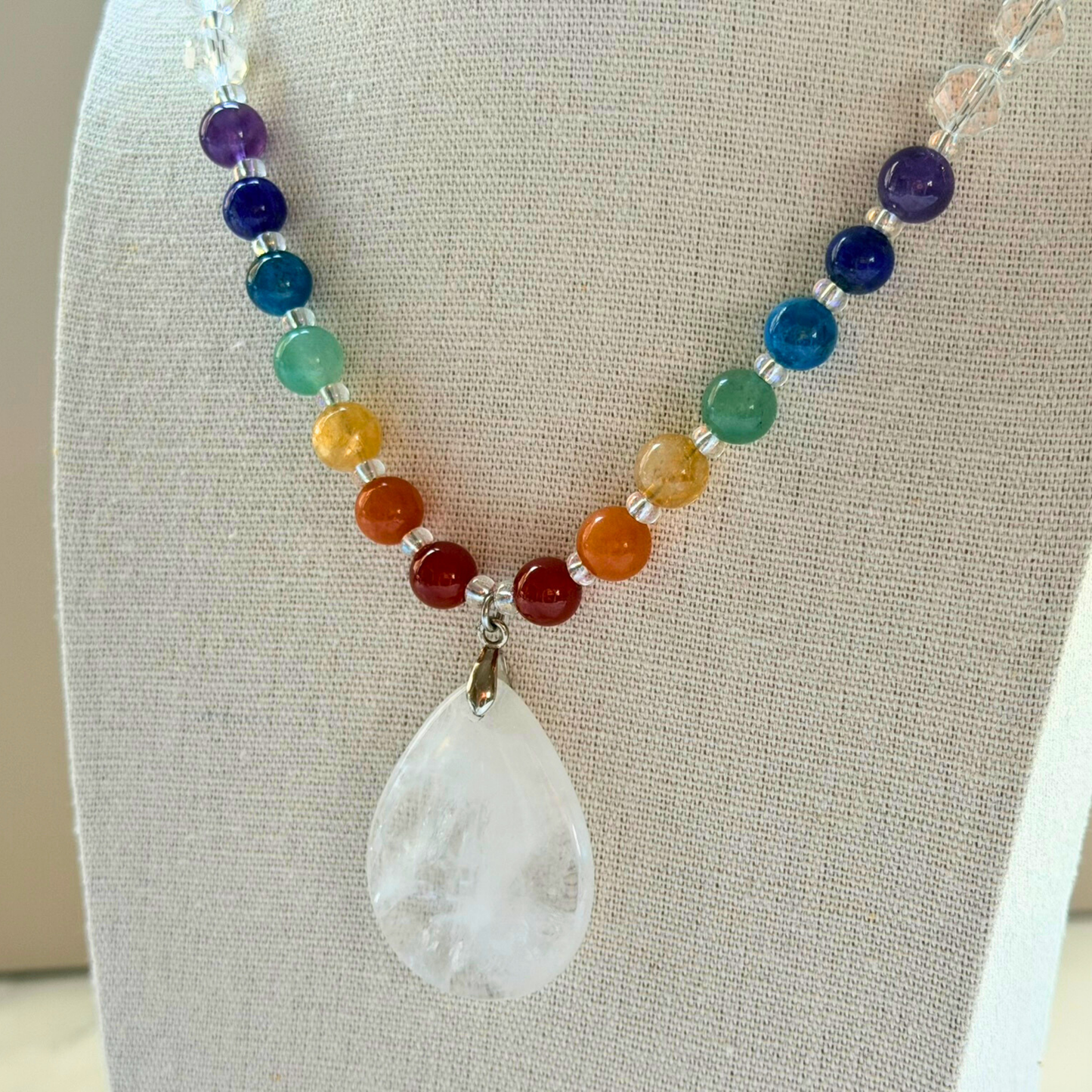 Chakra Statement Necklace – 7 Chakra Gemstone Jewelry for Balance & Clarity, Clear Quartz Pendant, Stainless Steel
