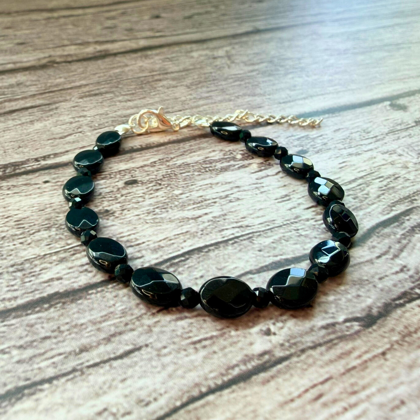 Faceted Onyx Bracelet – Minimalist Black Gemstone Jewelry, Stainless Steel