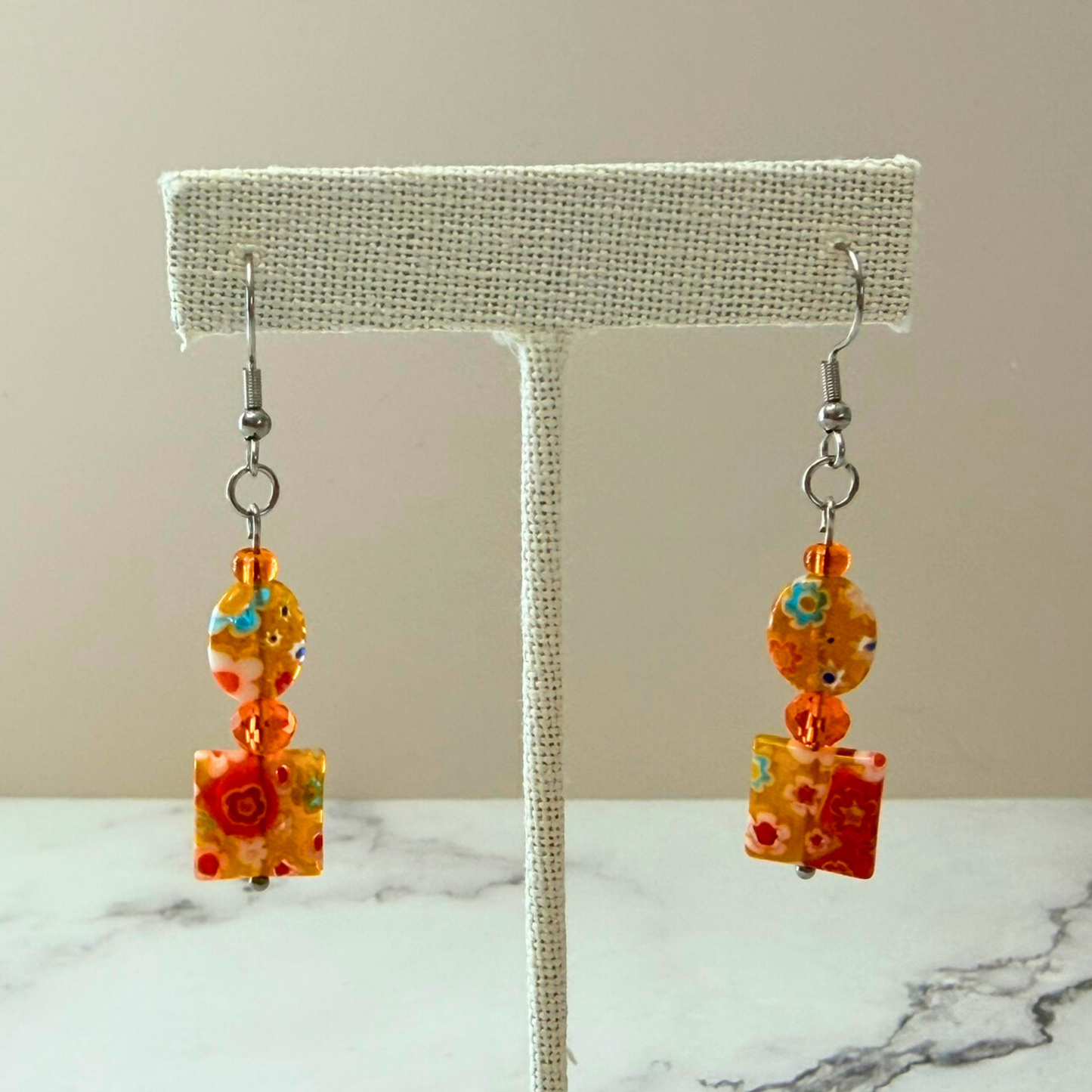 Millefiori Flower Earrings – Tiger Lily, Colorful Glass Jewelry in Orange Floral Design, Stainless Steel