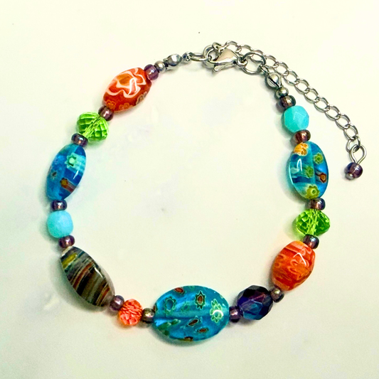 Millefiori Flower Bracelet – Wildflower, Colorful Glass Jewelry in Multicolor Floral Design, Stainless Steel