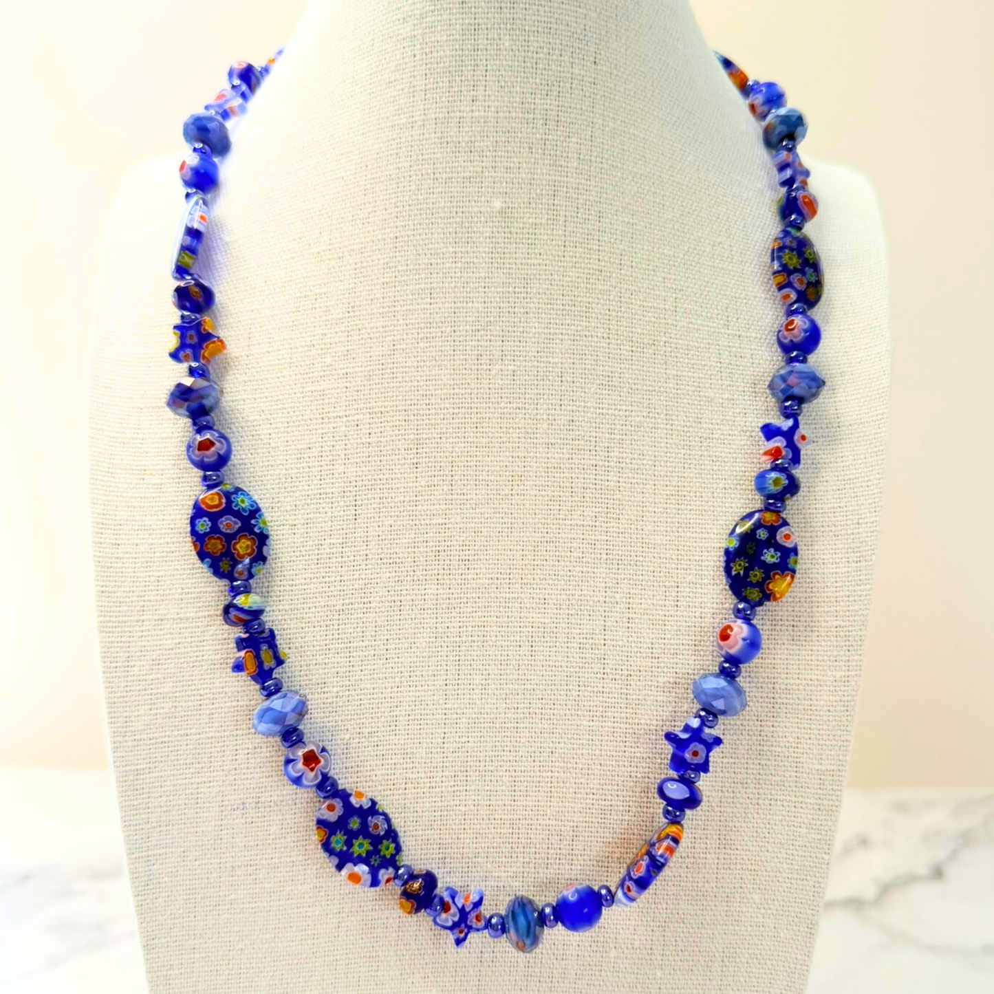 Millefiori Flower Necklace – Bluebonnet, Colorful Glass Jewelry in Bold Blue Floral Design, Stainless Steel