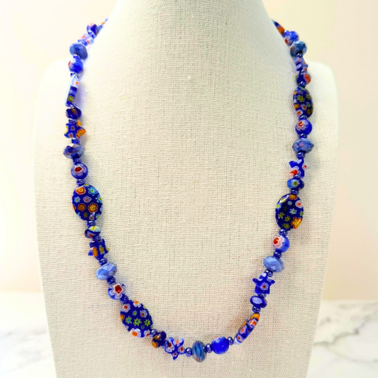 Millefiori Flower Necklace – Bluebonnet, Colorful Glass Jewelry in Bold Blue Floral Design, Stainless Steel