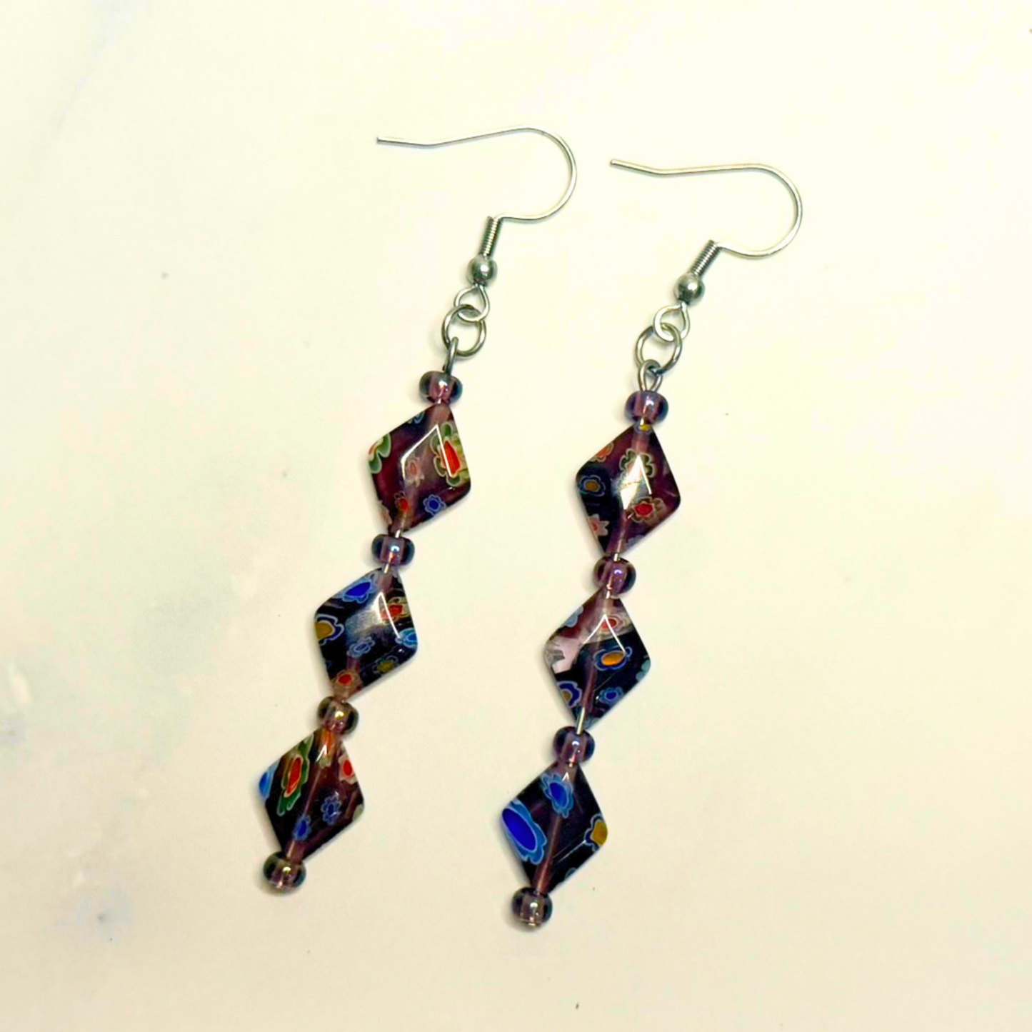 Cosmic Garden Earrings – Purple Millefiori & Amethyst Statement Dangles