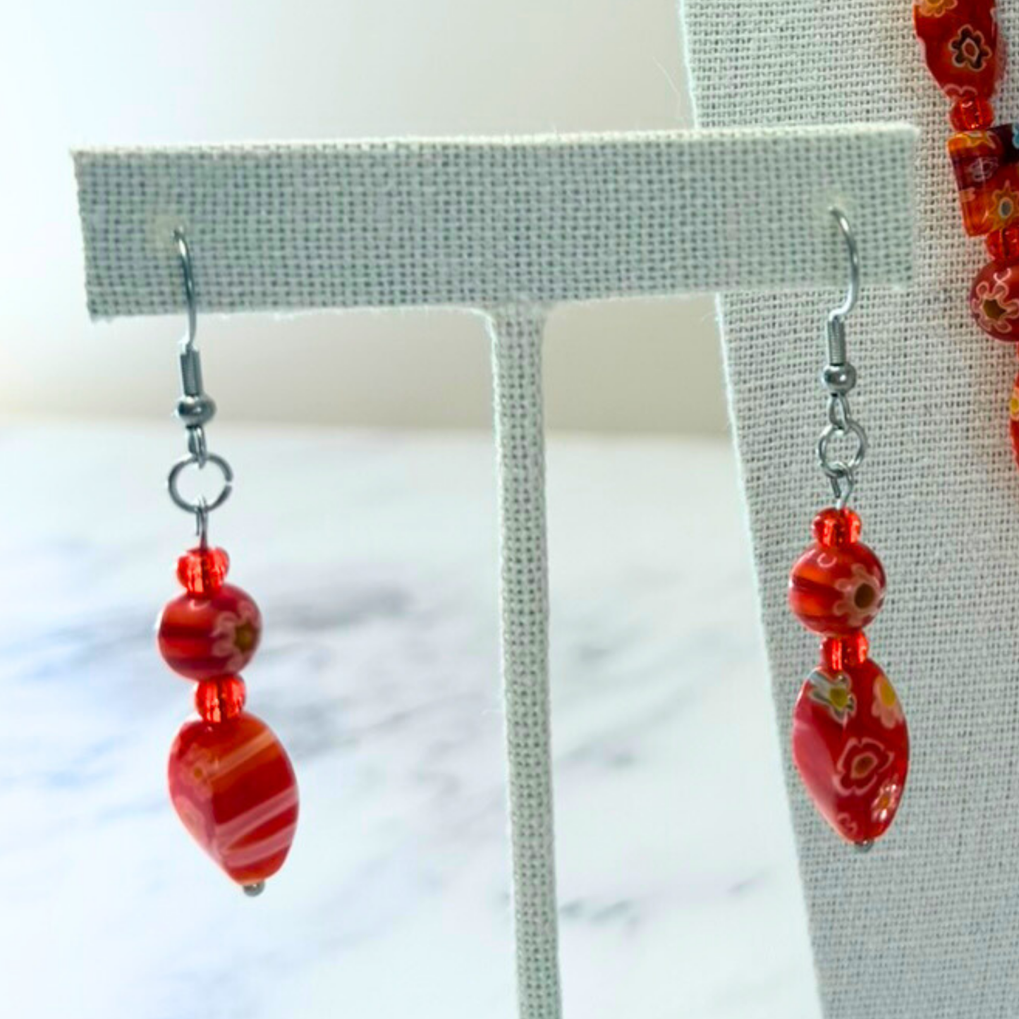 Millefiori Flower Earrings – Poppy, Colorful Glass Jewelry in Bold Red Floral Design, Stainless Steel