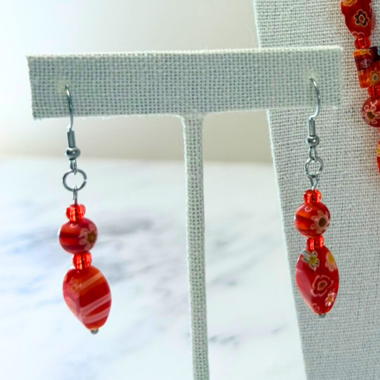 Millefiori Flower Earrings – Poppy, Colorful Glass Jewelry in Bold Red Floral Design, Stainless Steel