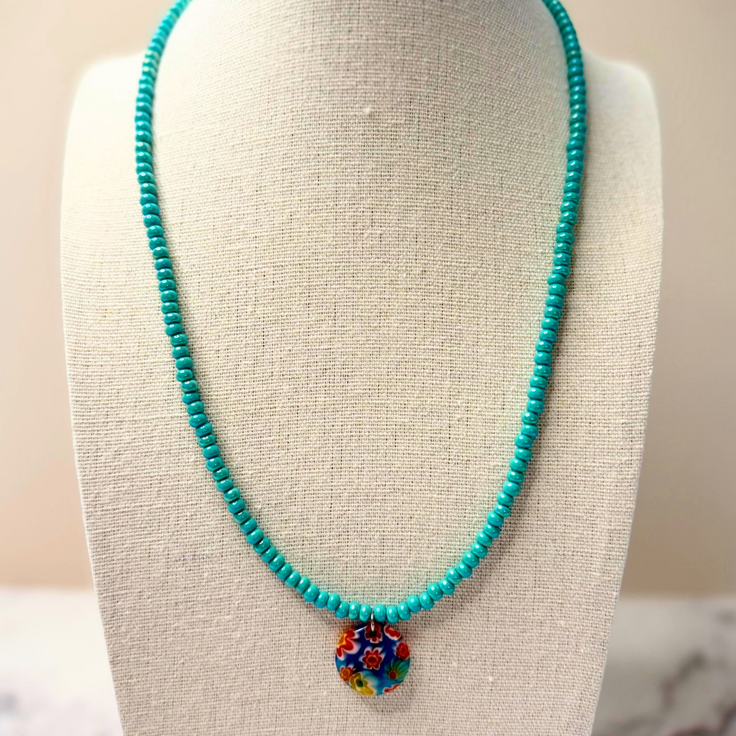 Ocean Daydream Millefiori Necklace – Aqua Beaded Floral Glass Pendant