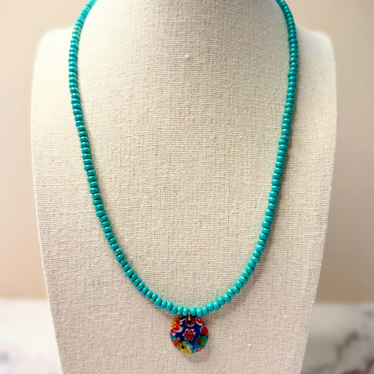 Ocean Daydream Millefiori Necklace – Aqua Beaded Floral Glass Pendant