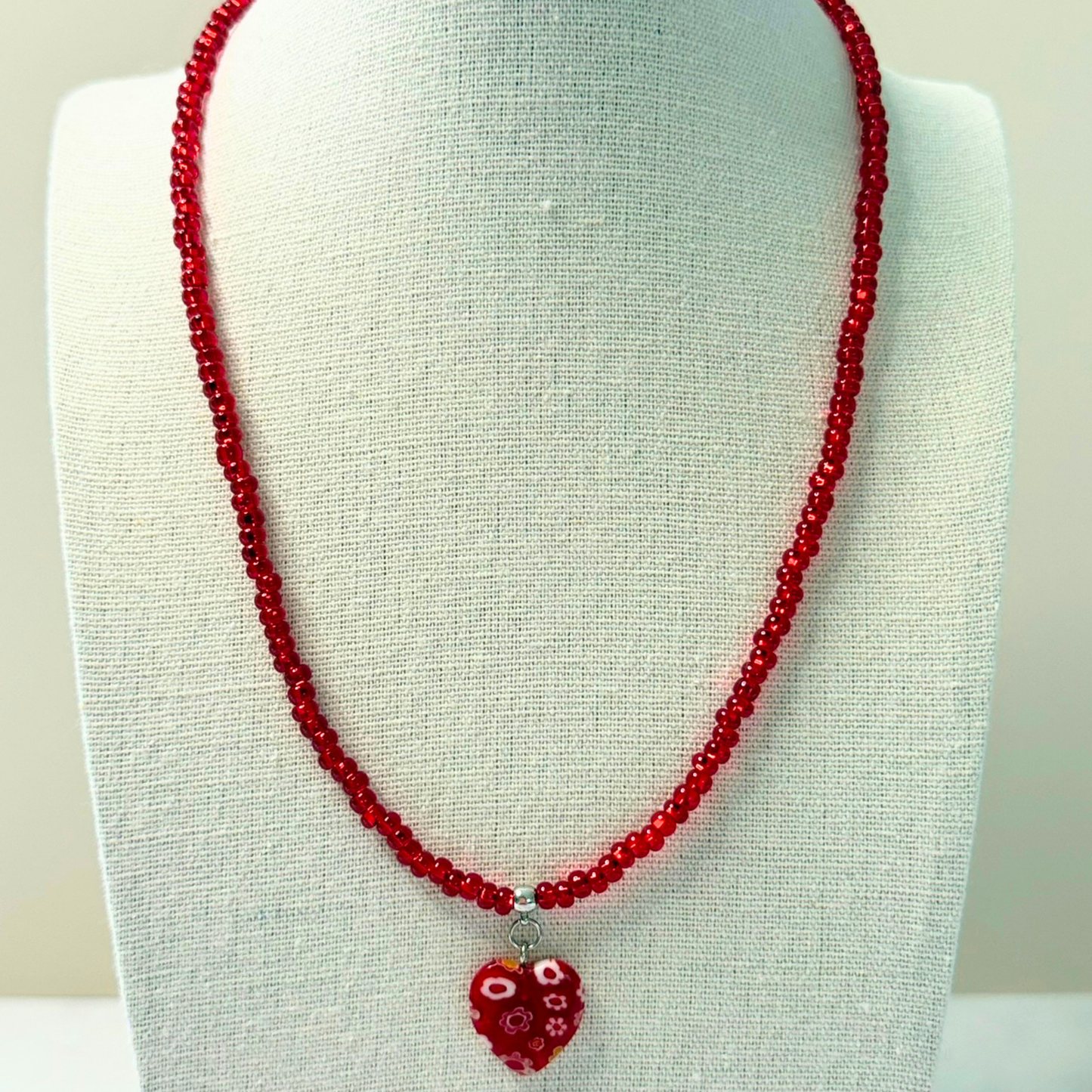 Heartfire Millefiori Heart Necklace – Red Beaded Floral Glass Pendant