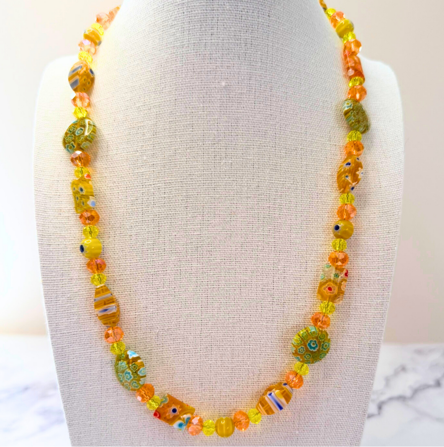 Millefiori Flower Necklace – Sunflower, Colorful Glass Jewelry in Bright Yellow Floral Design, Stainless Steel