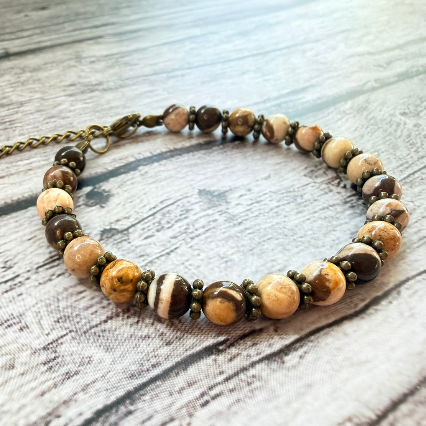 Brown Zebra Jasper Bracelet – Boho Earth Tone Gemstone Jewelry, Antique Bronze