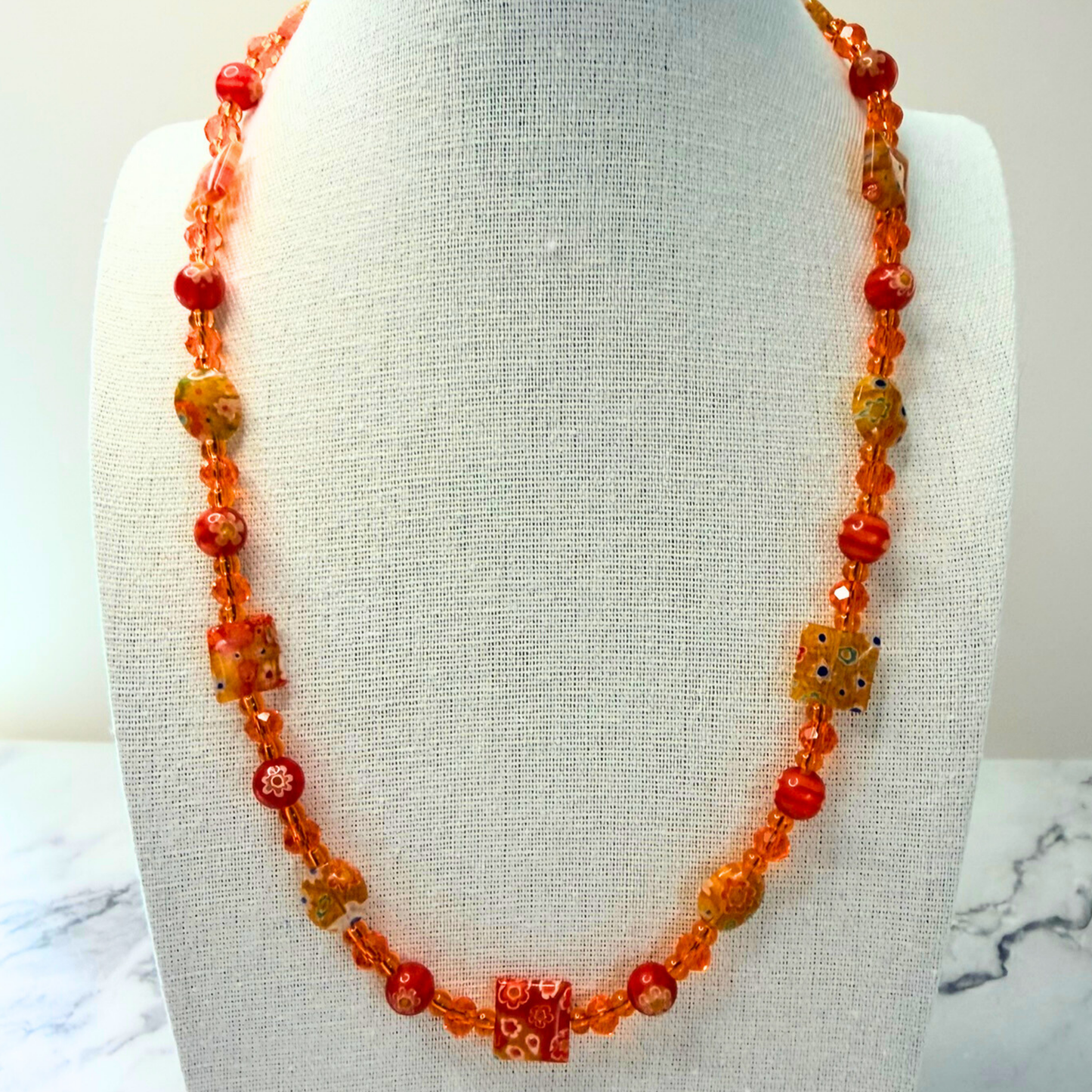 Millefiori Flower Necklace – Tiger Lily, Colorful Glass Jewelry in Orange Floral Design, Stainless Steel