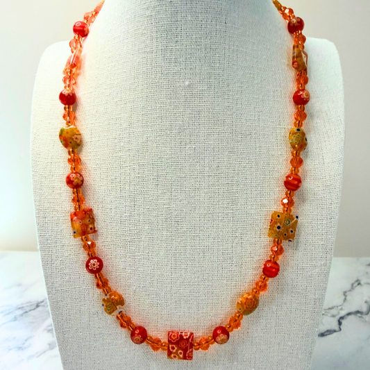 Millefiori Flower Necklace – Tiger Lily, Colorful Glass Jewelry in Orange Floral Design, Stainless Steel