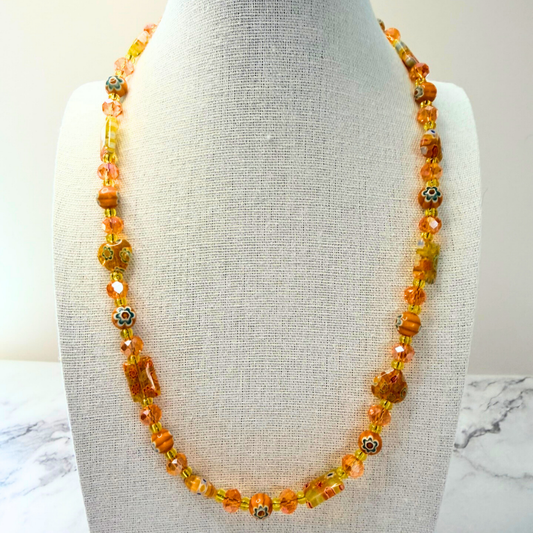 Millefiori Flower Necklace – Sunshine, Colorful Glass Jewelry in Orange Yellow Floral Design, Stainless Steel