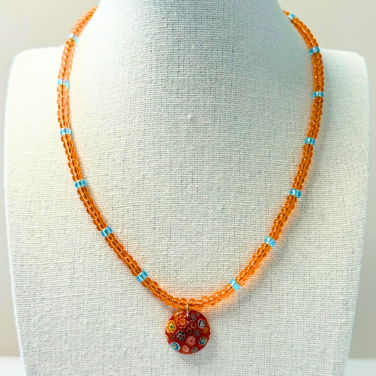 Tropical Daydream Millefiori Necklace – Orange Beaded Floral Glass Pendant