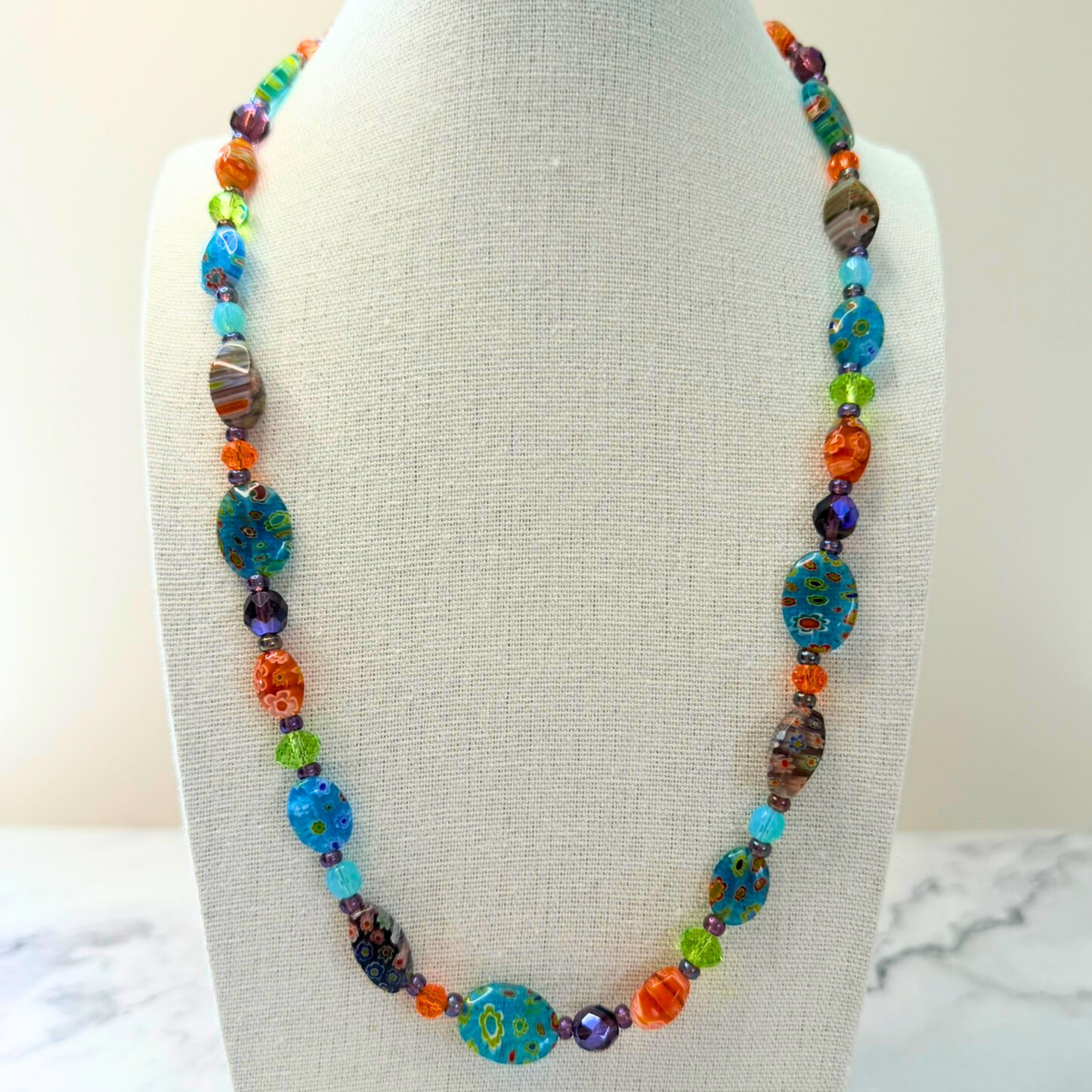 Millefiori Flower Necklace – Wildflower, Colorful Glass Jewelry in Multicolor Floral Design, Stainless Steel
