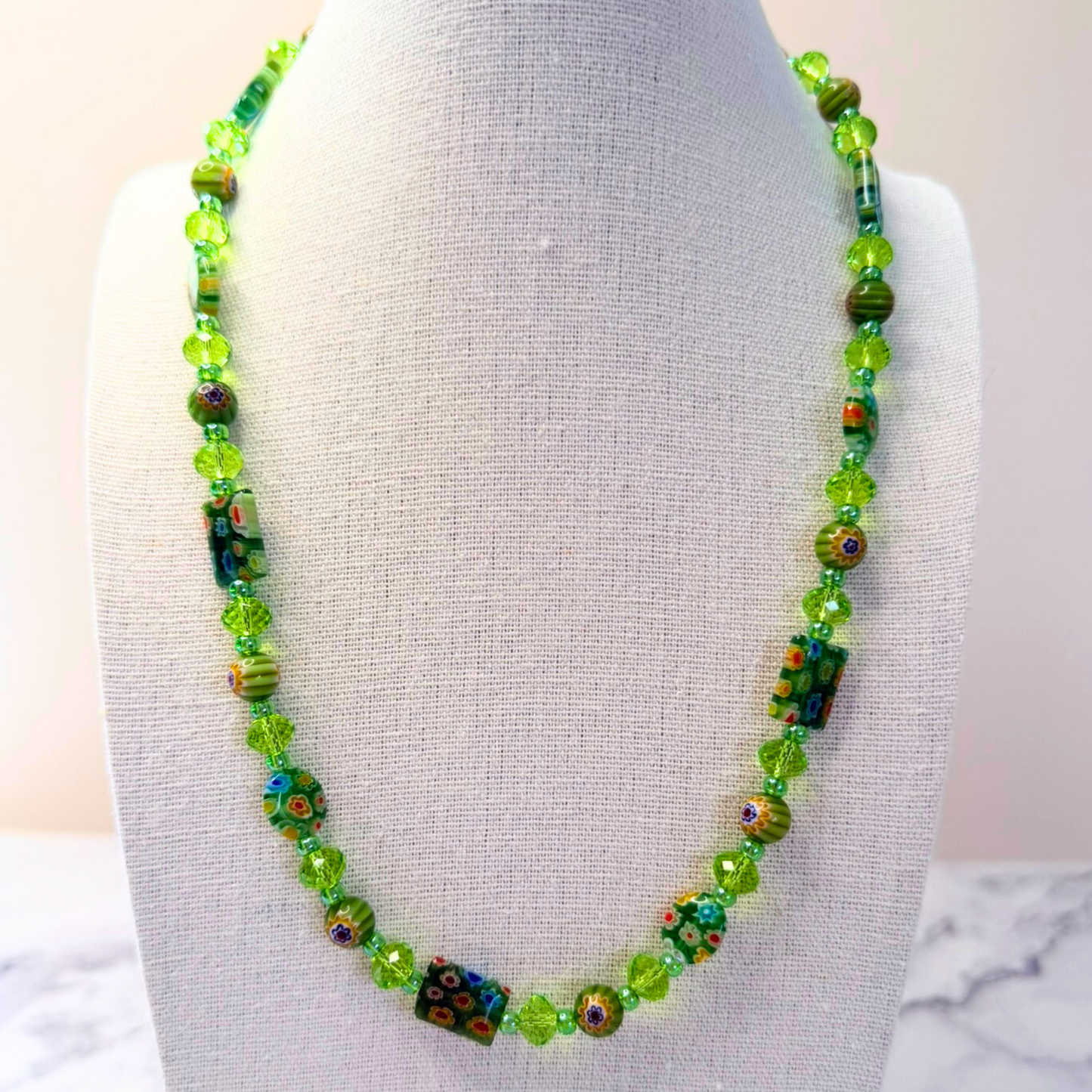 Millefiori Flower Necklace – Spring, Colorful Glass Jewelry in Fresh Green Floral Design, Stainless Steel