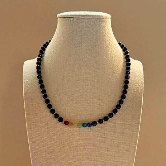 Chakra Choker Necklace – Minimalist 7 Chakra Gemstone Jewelry for Balance & Symbolism, Onyx, Stainless Steel